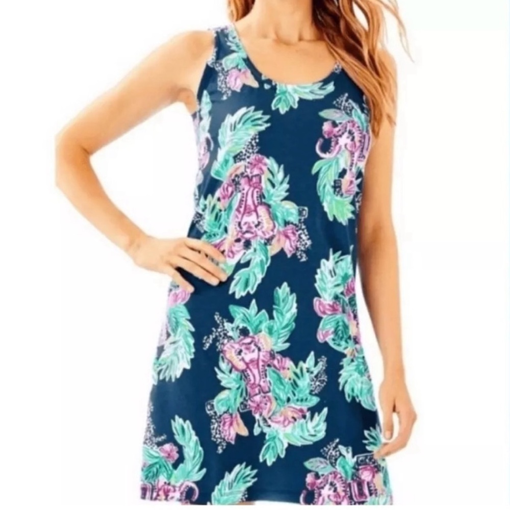 Lilly Pulitzer Raylee Dress Inky Navy Peanut Gallery Sleeveless Elephant Small